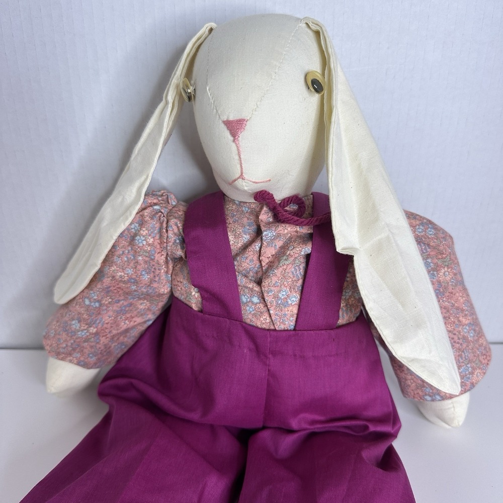 19" Vtg Handmade Bunny Rabbit Floppy Ear‎ Rag Doll Red Shirt Overalls Folk Art - Picture 2 of 5